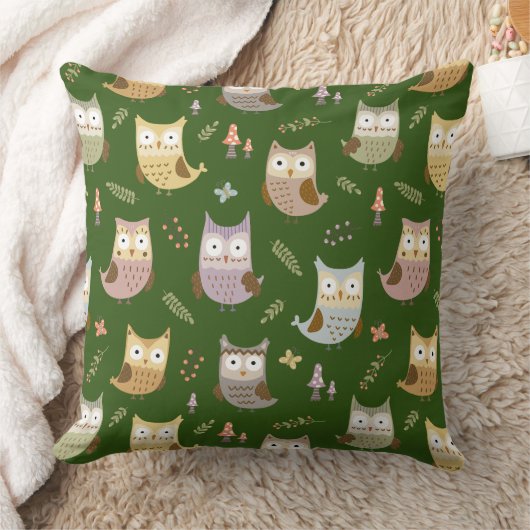 Woodland Owl Pattern, Green Kussen (Deken)