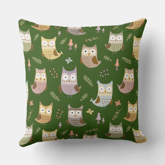 Woodland Owl Pattern, Green Kussen (Achterkant)