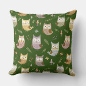 Woodland Owl Pattern, Green Kussen (Voorkant)