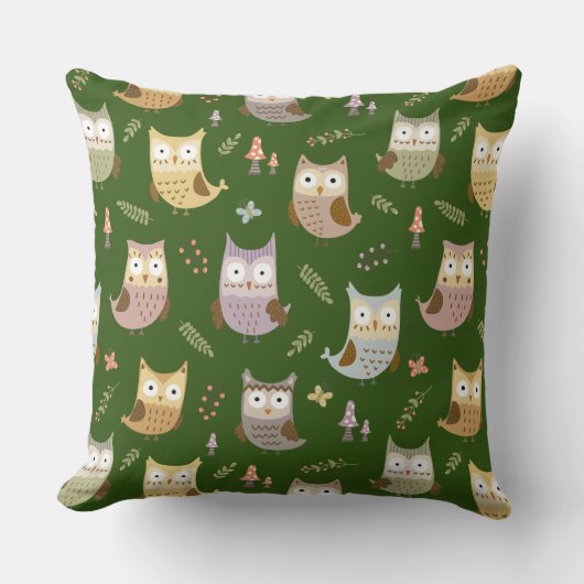 Woodland Owl Pattern, Green Kussen (Voorkant)