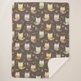 Woodland Owl Pattern, Kinder Brown Sherpa Deken