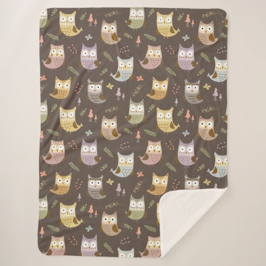 Woodland Owl Pattern, Kinder Brown Sherpa Deken (Voorkant)