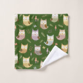 Woodland Owl Pattern, Kinder Brown White en Green Bad Handdoek (Wasdoekje)