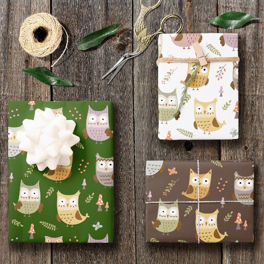 Woodland Owl Pattern, Kinder Green Brown and White Inpakpapier Vel