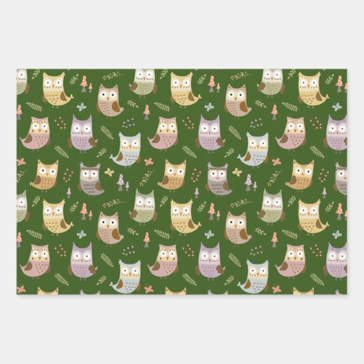 Woodland Owl Pattern, Kinder Green Brown and White Inpakpapier Vel (Voorkant)