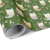 Woodland Owl Pattern, Kinder Green Cadeaupapier (Rol Hoek)