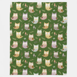 Woodland Owl Pattern, Kinder Green Fleece Deken