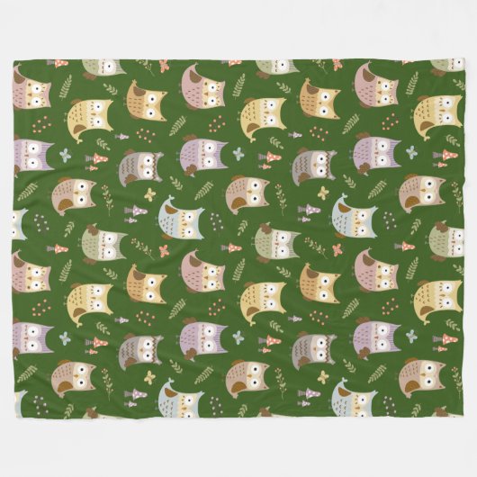 Woodland Owl Pattern, Kinder Green Fleece Deken (Voorkant (Horizontaal))
