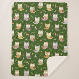 Woodland Owl Pattern, Kinder Green Sherpa Deken