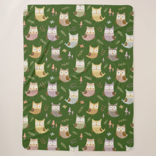 Woodland Owl Pattern, Kinder Green Sherpa Deken