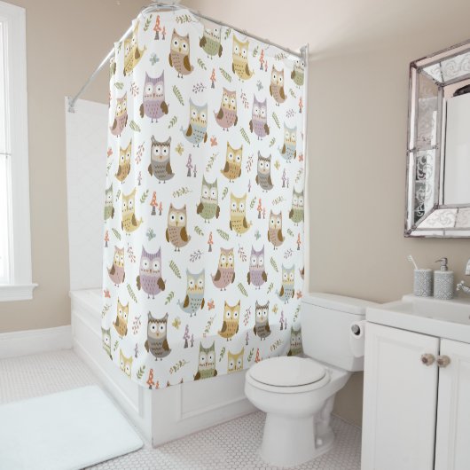 Woodland Owl Pattern, Kinder White Bathroom Douchegordijn (In situ)