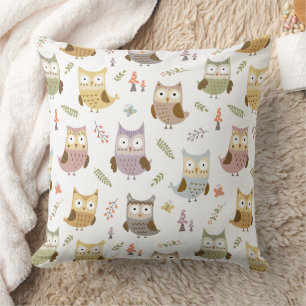 Woodland Owl Pattern, Kinder White en Brown Kussen