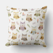 Woodland Owl Pattern, Kinder White en Brown Kussen (Voorkant)