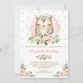 Woodland Owl Pink Gold Floral Girl Baby shower Kaart (Voorkant)