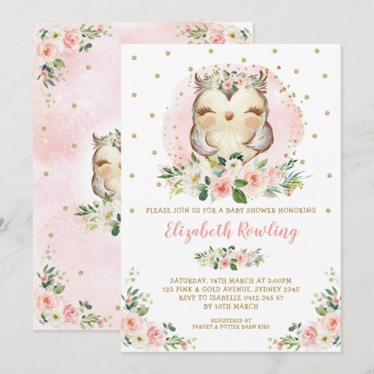 Woodland Owl Pink Gold Floral Girl Baby shower Kaart (Voorkant / Achterkant)