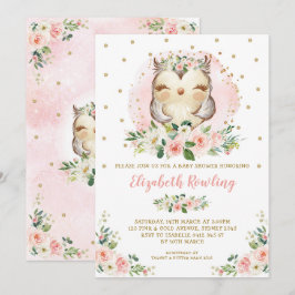 Woodland Owl Pink Gold Floral Girl Baby shower Kaart