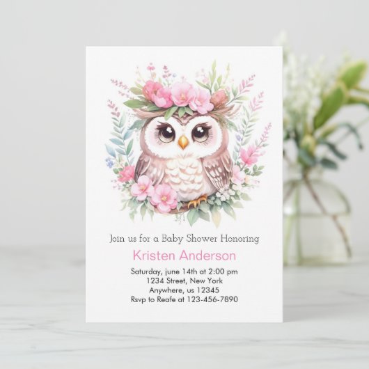 Woodland Owl's Enchanted Bloemenmeisje Baby shower Kaart (Staand voorkant)