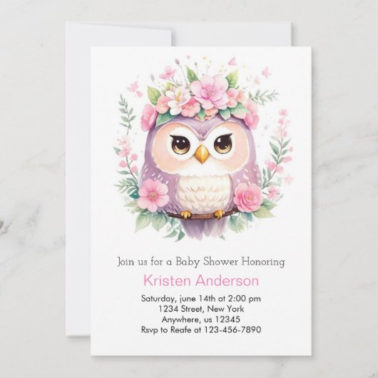 Woodland Owl's roze bloemenmeisje Baby shower Kaart (Voorkant)