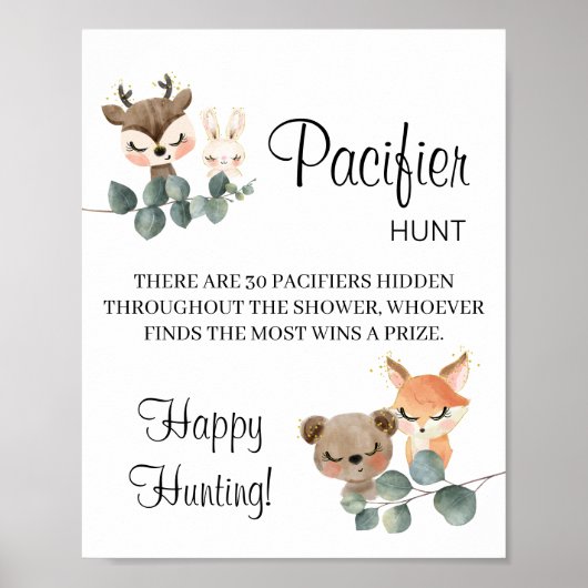 Woodland Pacifier Hunt Baby shower game sign Poster (Voorkant)