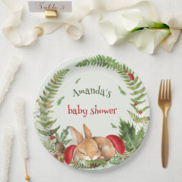 Woodland paddenstoel fuzzy bunny baby shower papieren bordje