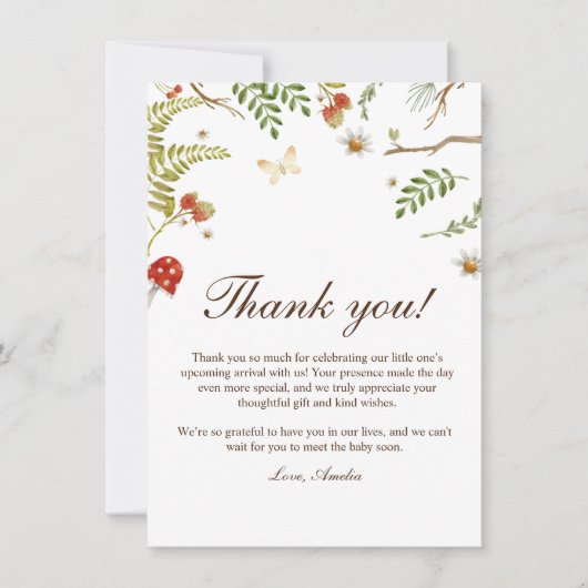 Woodland paddenstoelen genderneutraal baby shower bedankkaart (Voorkant)