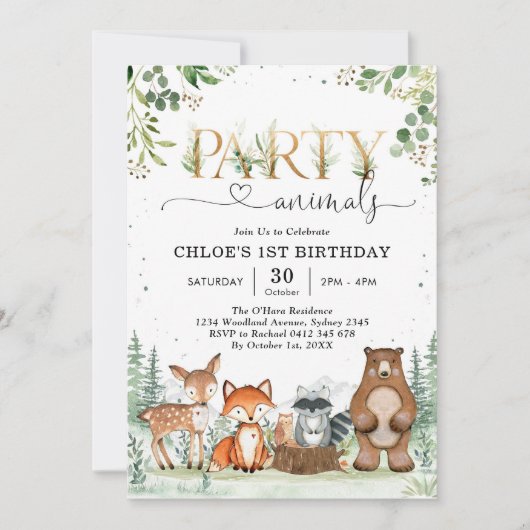 Woodland Party Animals Boy Birthday Invitation Kaart (Voorkant)