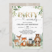 Woodland Party Animals Boy Birthday Invitation Kaart (Voorkant / Achterkant)