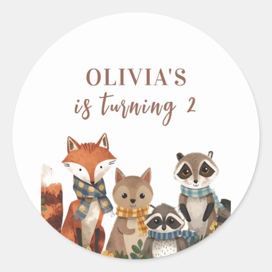 Woodland Party Animals Verjaardag Bos Dieren Ronde Sticker (Voorkant)