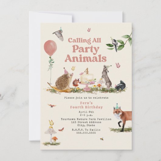 Woodland Party Dieren Roze Verjaardagsfeest Kaart (Voorkant)