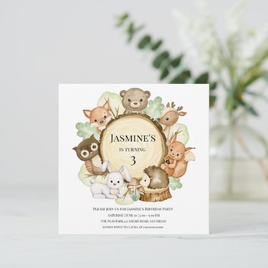 Woodland party Dieren Verjaardag Uitnodiging (Staand voorkant)