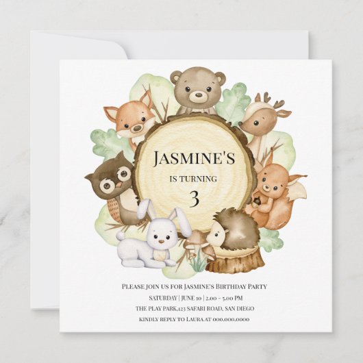 Woodland party Dieren Verjaardag Uitnodiging (Voorkant)