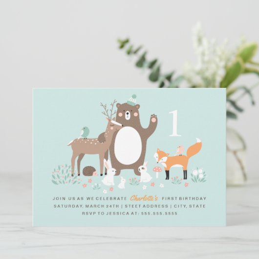 Woodland Party Eerste Verjaardag Uitnodiging (Staand voorkant)
