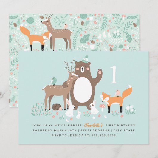 Woodland Party Eerste Verjaardag Uitnodiging (Voorkant / Achterkant)