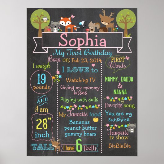 Woodland Party poster voor eerste verjaardag (Voorkant)
