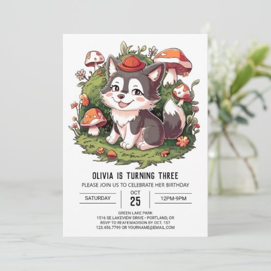 Woodland Pastel Digitale Wolf Verjaardag Kaart (Staand voorkant)
