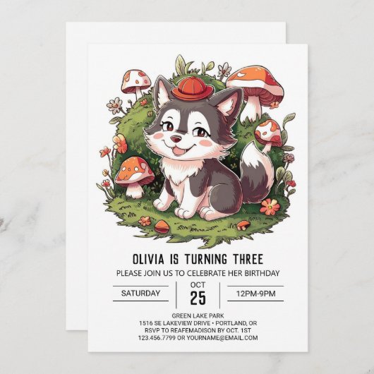 Woodland Pastel Digitale Wolf Verjaardag Kaart (Voorkant / Achterkant)