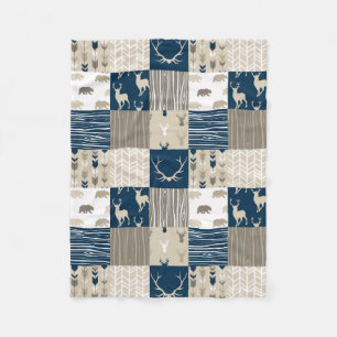 Woodland Patchwork Blanket in Tan en Navy Blue Fleece Deken