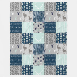 Woodland Patchwork Deer. - Mint/Navy/grijs Fleece Deken