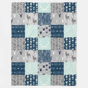 Woodland Patchwork Deer. - Mint/Navy/grijs Fleece Deken