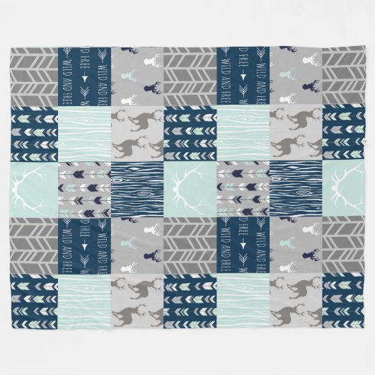Woodland Patchwork Deer. - Mint/Navy/grijs Fleece Deken (Voorkant (Horizontaal))