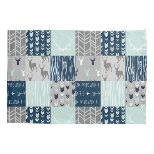 Woodland Patchwork in munt, marine en grijs Kussensloop (Achterkant)