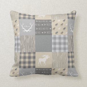 Woodland Patchwork Moose - Grey/Tan Kussen
