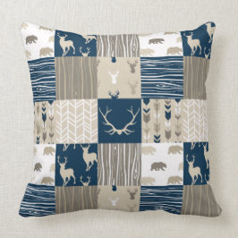 Woodland Patchwork Pillow - Navy and Tan Kussen