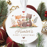 Woodland Photo Baby's Eerste Kerstmis Ornament<br><div class="desc">Het eerste kerstkonijn van deze schattige baby bevat beboste ornamenten, waaronder een vos, konijntje, uil en beer. Het ornament kan gemakkelijk worden gepersonaliseerd met de naam, datum en foto van de baby. Het ontwerp is eenvoudig en grillig, met de bosdieren gerangschikt rond een boomstam. Het ornament is perfect voor het...</div>