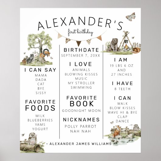 Woodland Picnic | Forest 1st Birthday Milestone Poster (Voorkant)