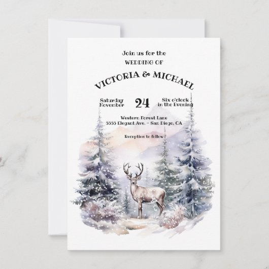 Woodland Pine Bomen Herten Sneeuw Berg Bruiloft Kaart (Voorkant)