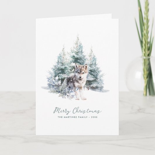 Woodland Pine Forest Wolf Vrolijk kerstfeest gevou Feestdagen Kaart (Voorkant)
