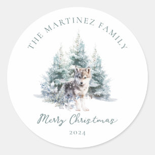 Woodland Pine Forest Wolf Vrolijk kerstfeest Ronde Sticker