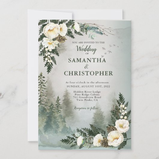 Woodland Pine Ivory Waterverf Floral Wedding Invi Kaart (Voorkant)