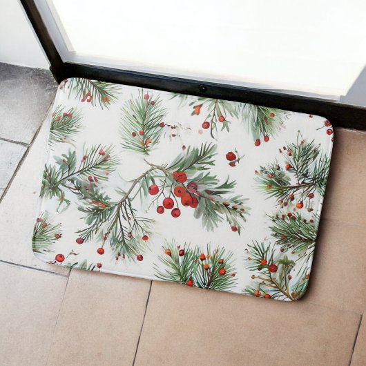 Woodland Pine & Red Berries Holiday Design Badmat
